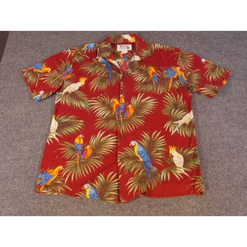 Ky's Made in Hawaii‎ Mens Red Parrot Palm Tree Aloha Shirt Size M #1884